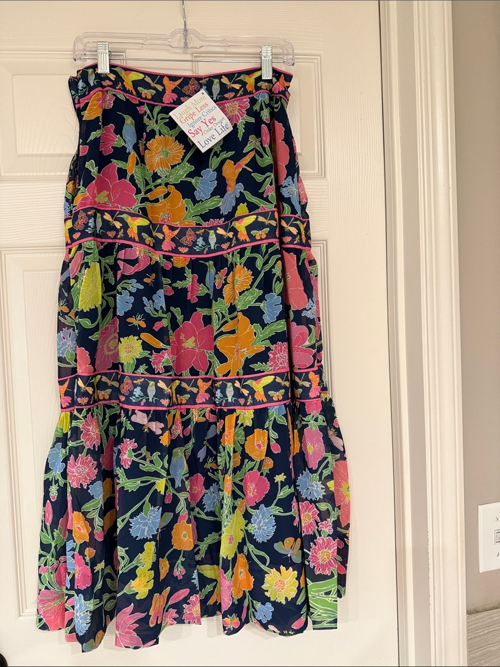 Gretchen Scott Designs Navy Floral Midi Skirt with Pink Piping